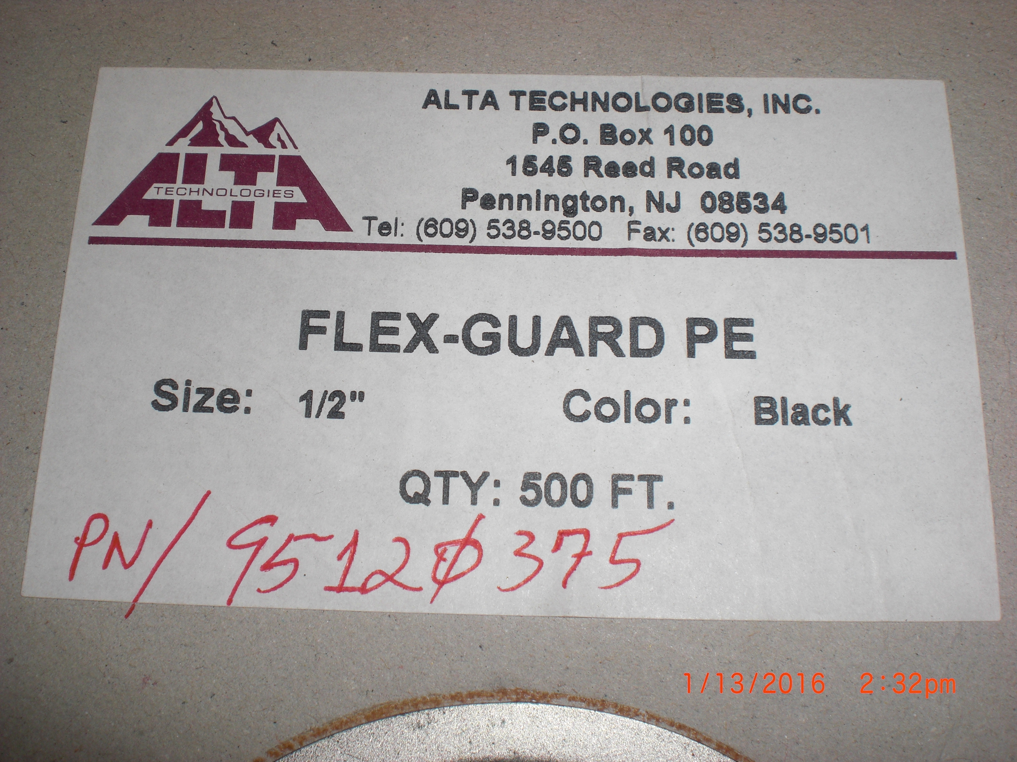 Cable  Flex-Guard-PE 1/2in black 500ft ALTA TECHNOLOGIES 95120375