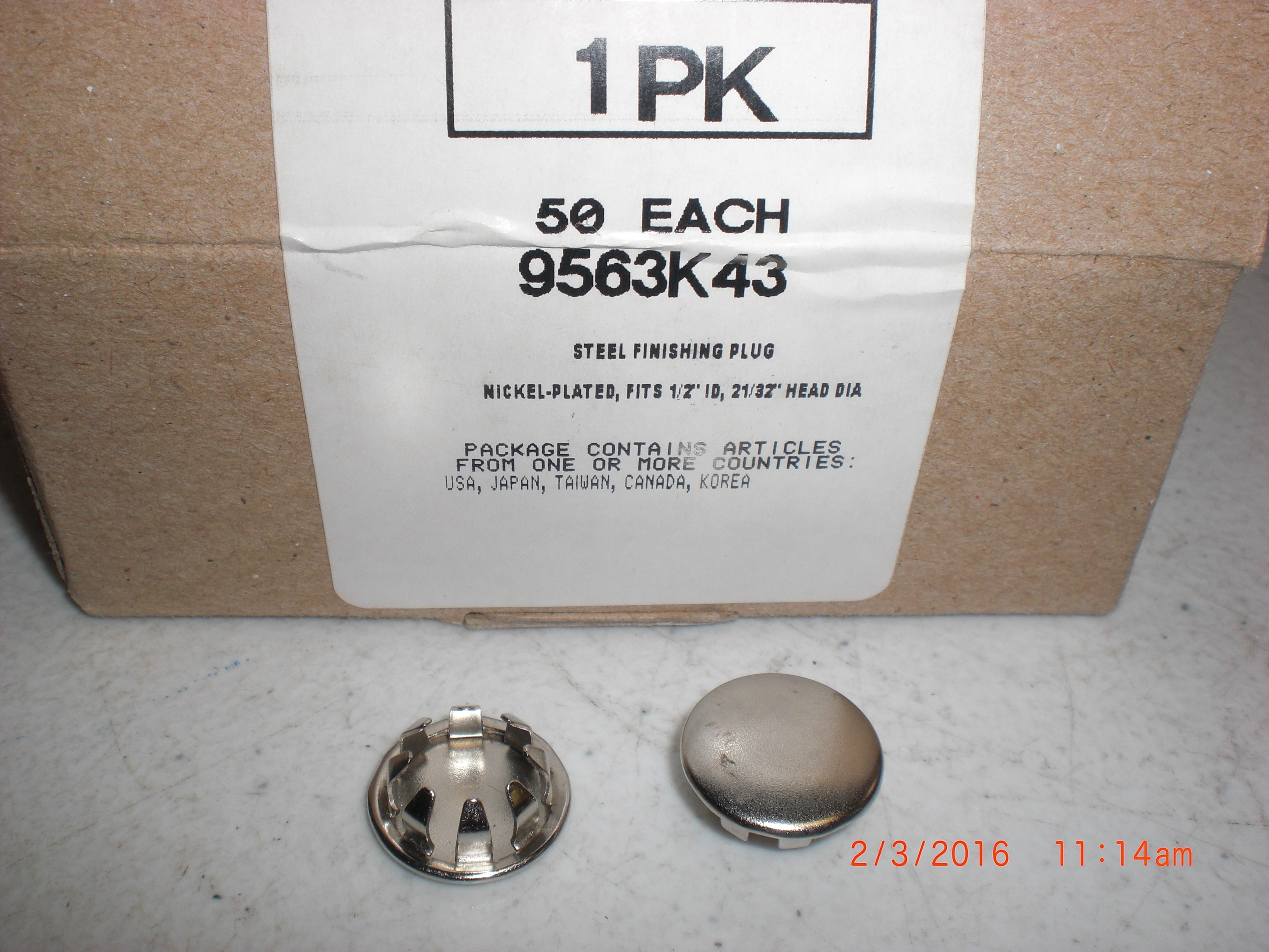 Hardware PKG 50 Steel Finishing PLUG, NICKEL PLATED,1/2" ID Hole MC