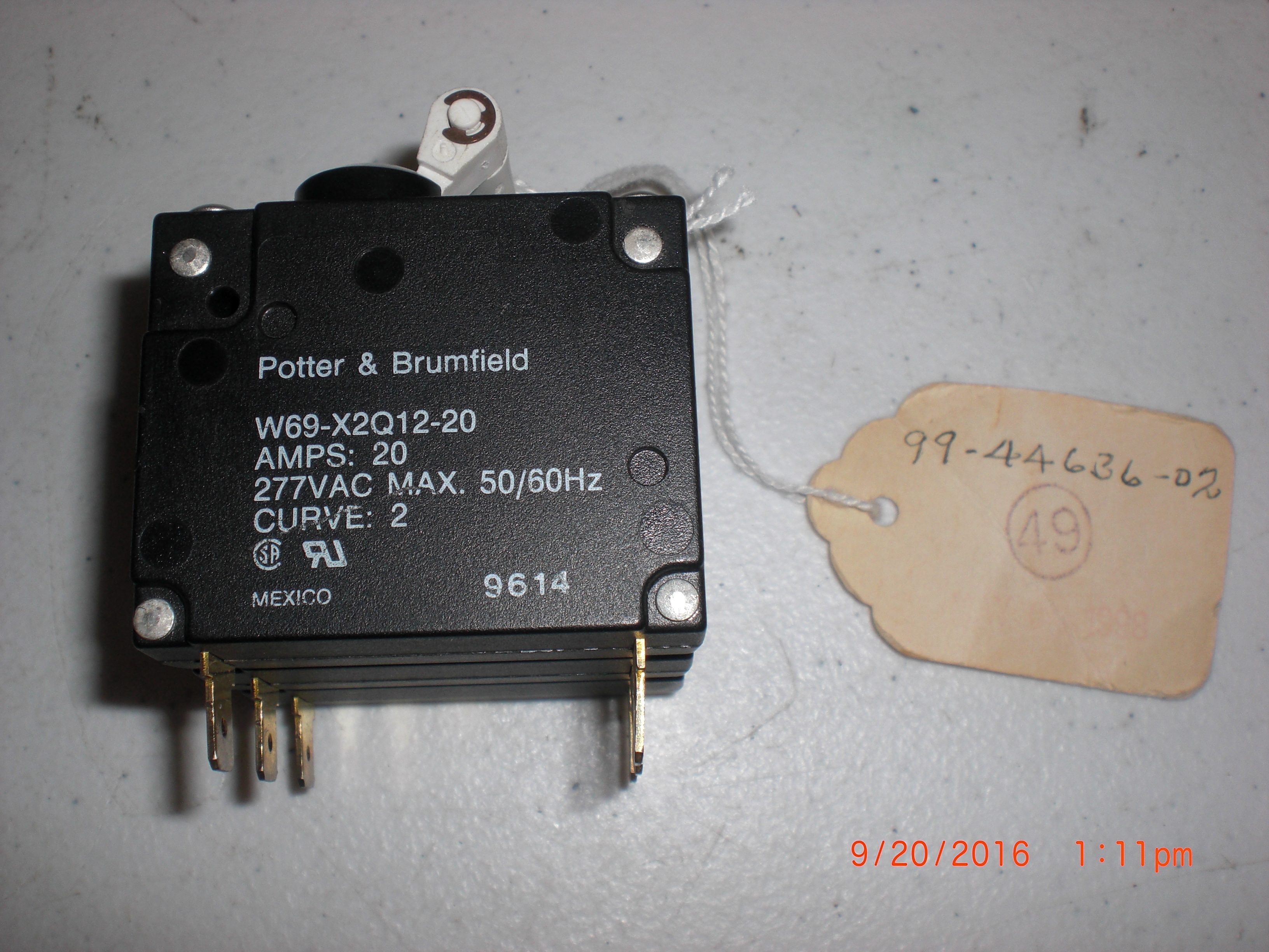 Electrical POTTER & BLUMFIELD W69-X2Q12-20 Novellus 99-44636-02 CIRCUIT BREAKER; AMPS: 20; 277VAC panel mount