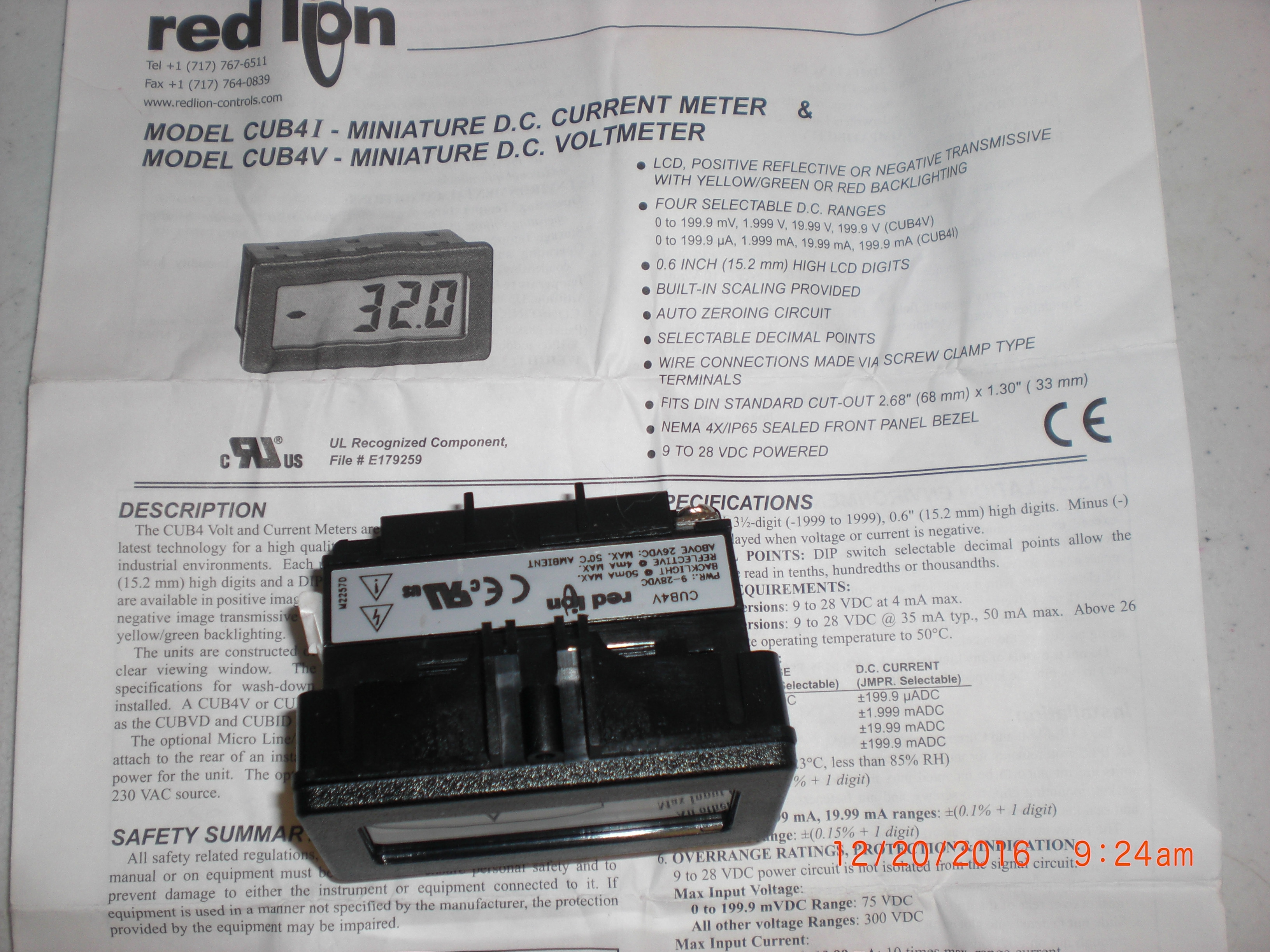 Gauge RED LION CUB4V000 Miniature DC volt meter panel mount 0G201D