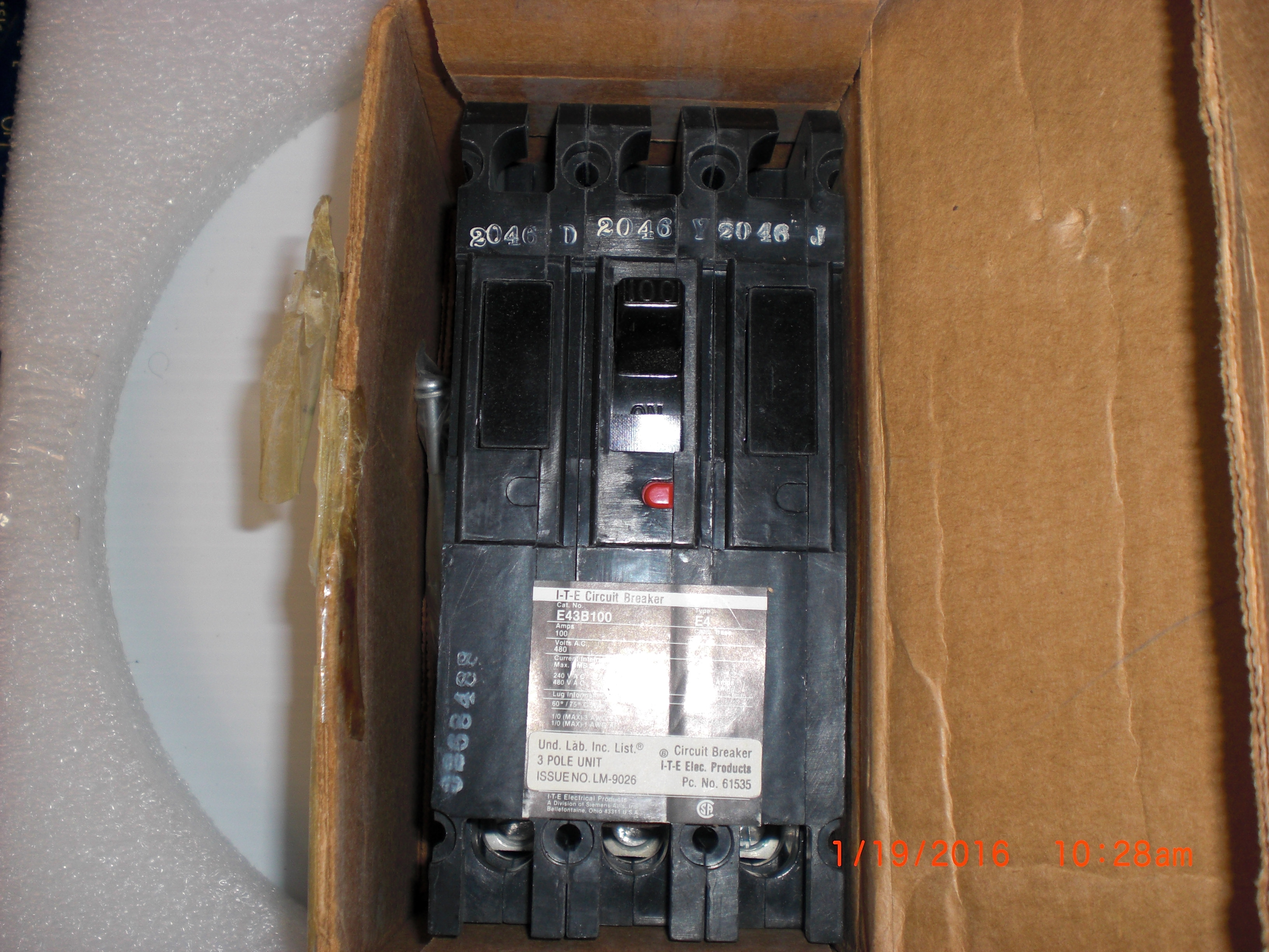 Electrical CIRCUIT BREAKER; 100AMP, 480V AC, 3-POLE Type E4 SIEMENS E43B100 