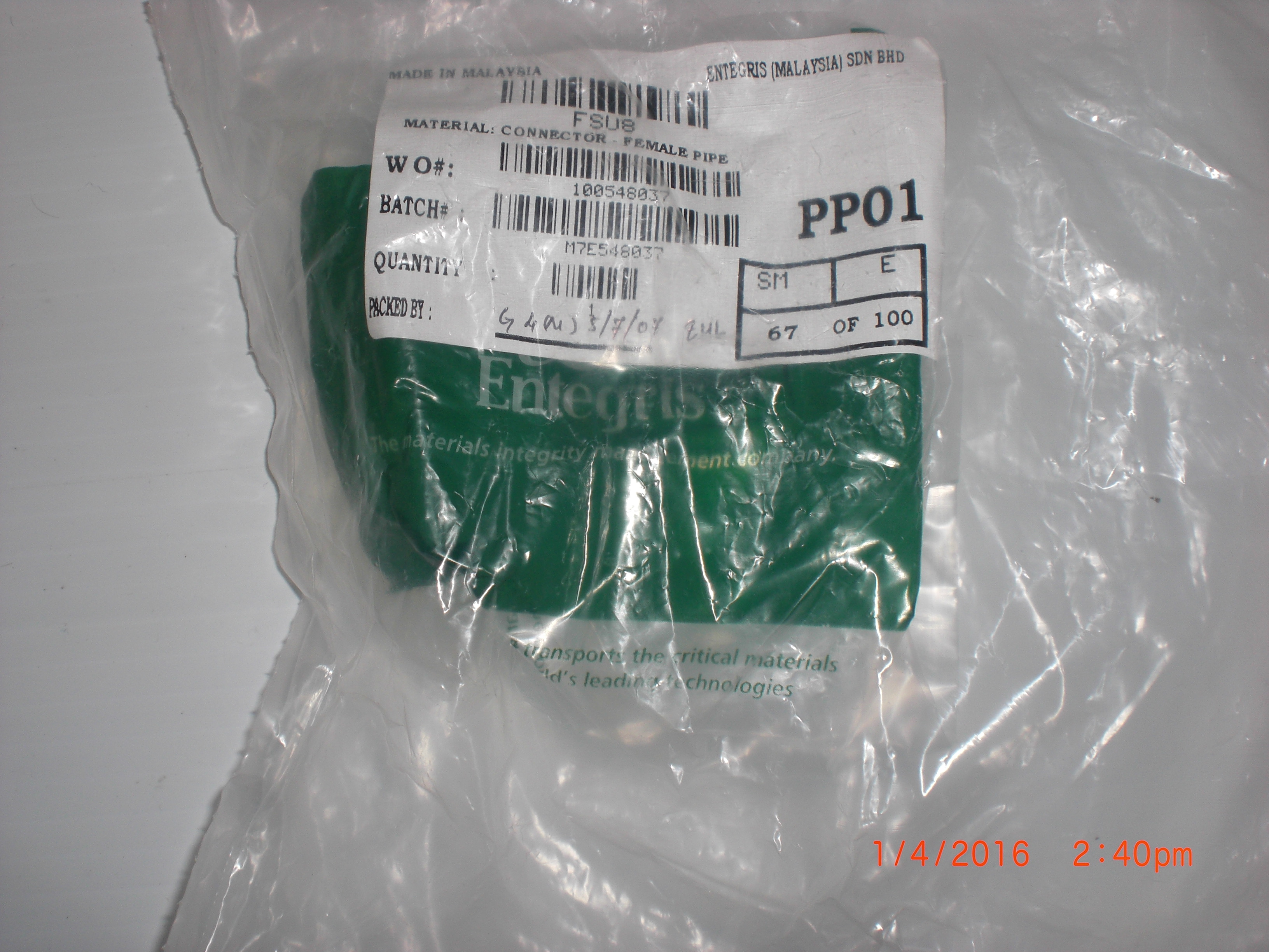 Fitting ENTEGRIS FSU8 Union PFA 1/2FNPT X 1.62L