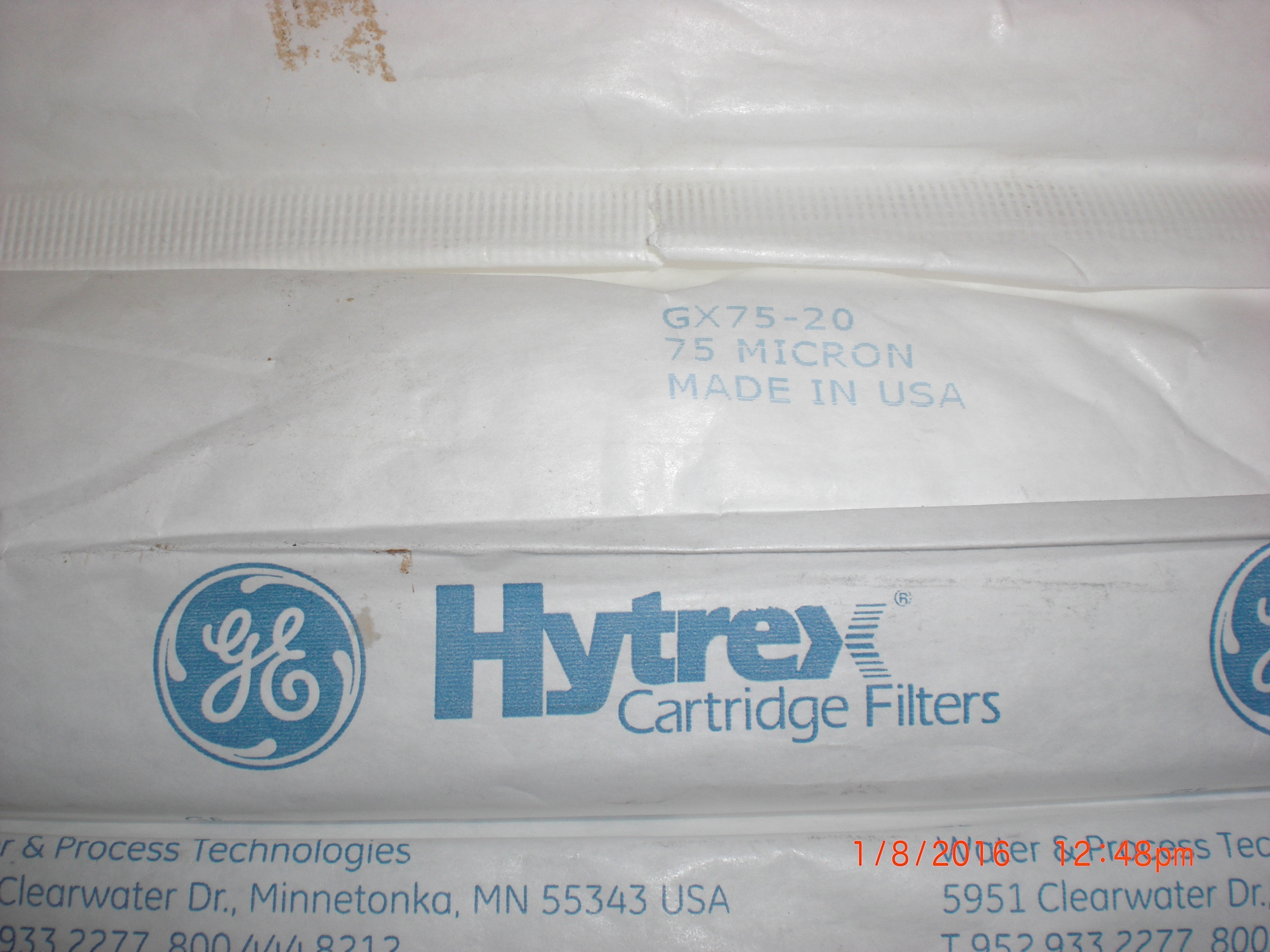 Filter  Hytrex 20in 75 micron PKG 5 GE GX75-20  Edwards Y11201007 