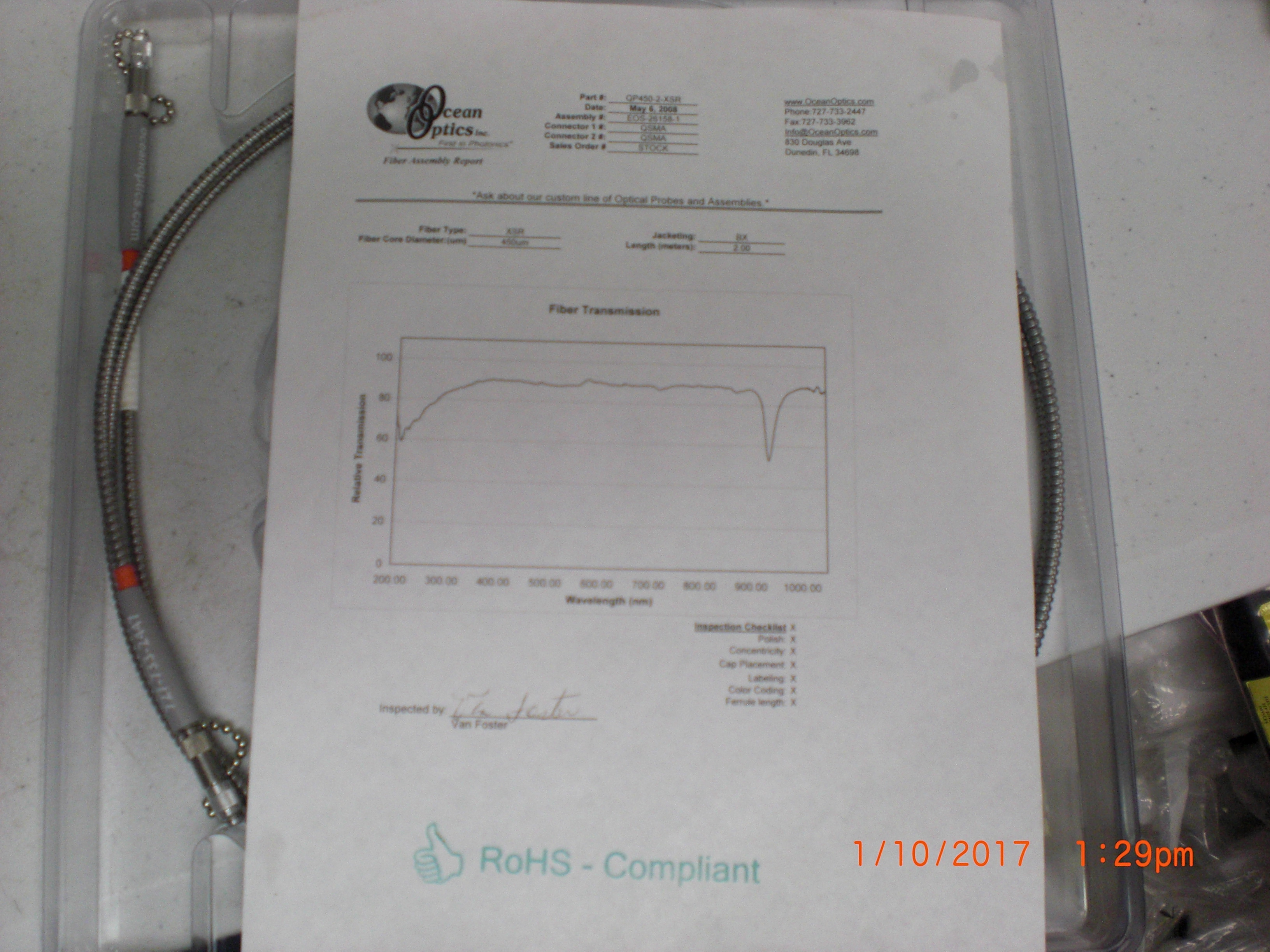 Cable OCEAN OPTICS INC. QP450-2-XSR 455 um Fiber Optic, solarization-resistant, 2 m