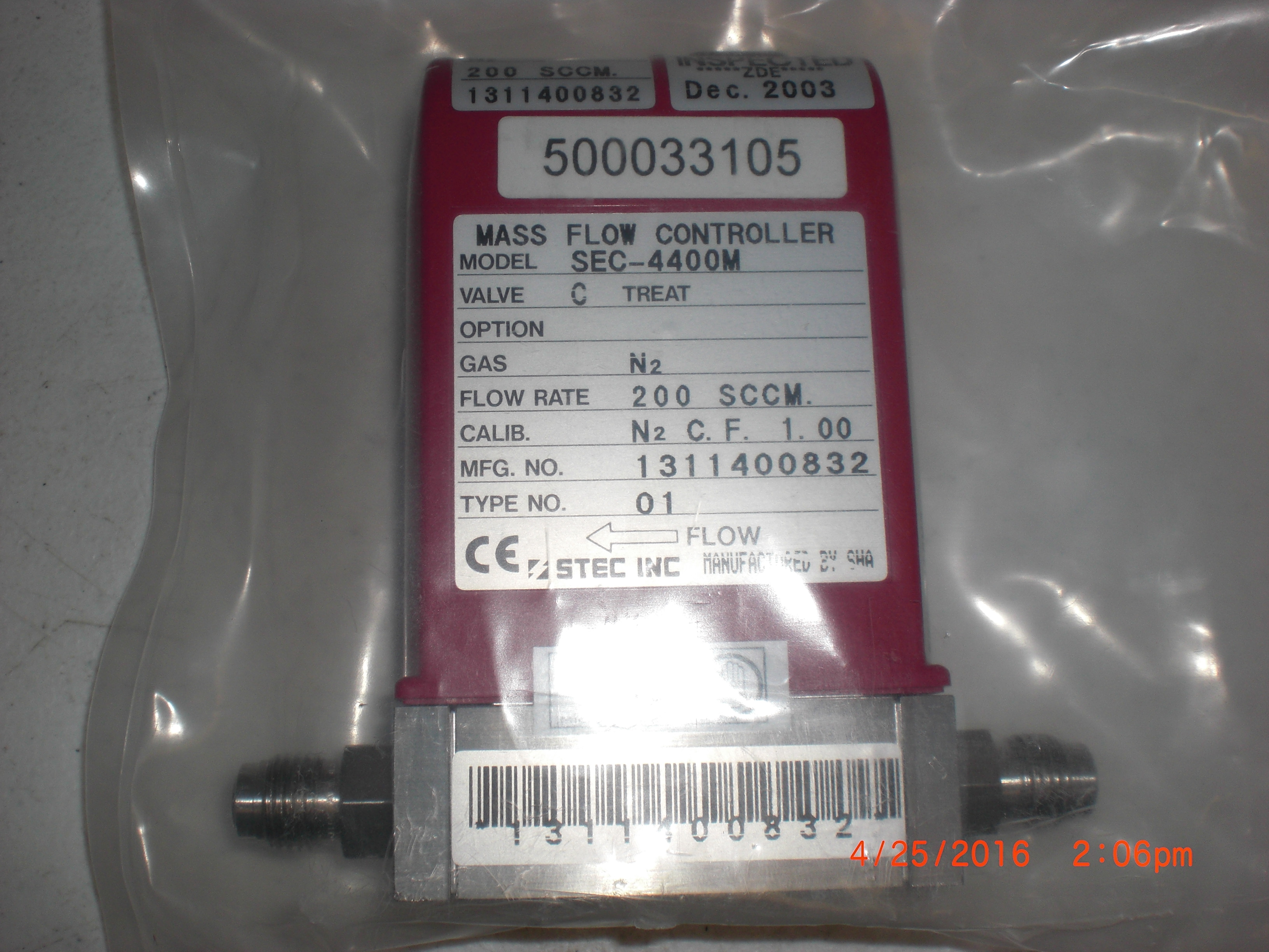 MFC HOREBIA / STEC SEC-4400M-N2-200sccm  1/4MVCR with certs