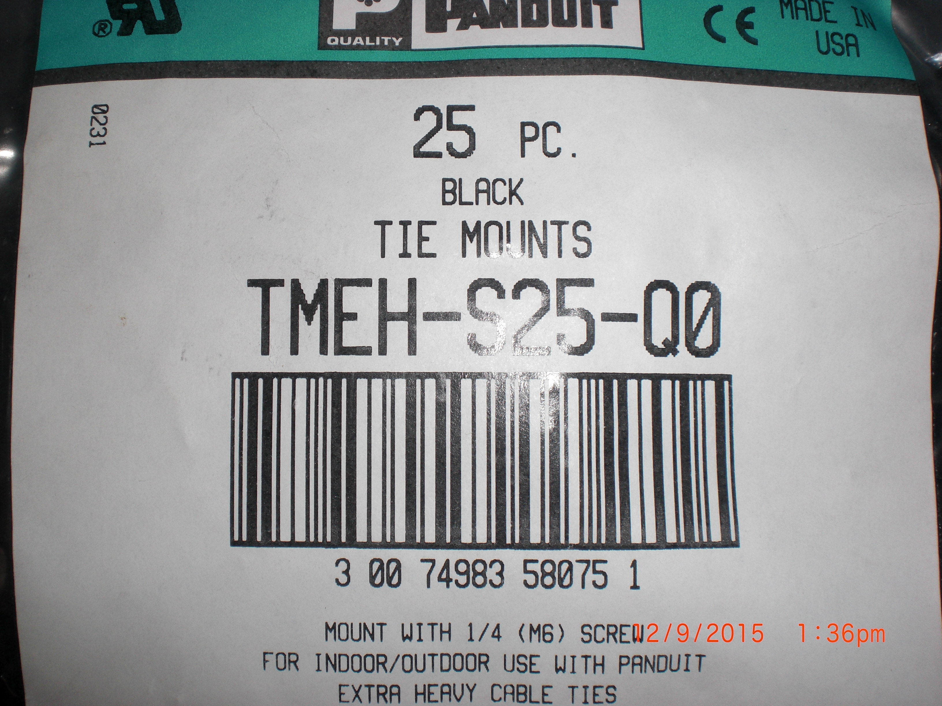 Hardware PANDUIT TMEH-S25-Q0 Tie Mounts, Black, Pack of 25 Weather Resistant Nylon 6.6