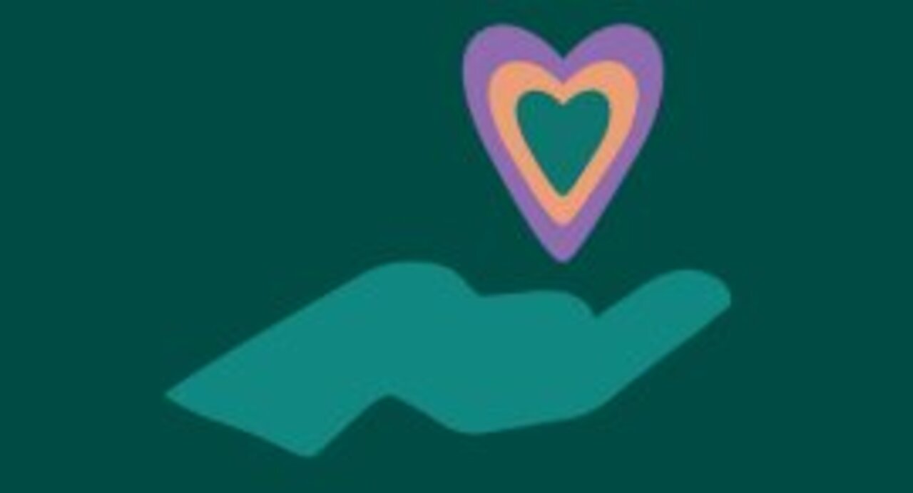 Image is an icon of a teal hand cupping a multi-colored heart