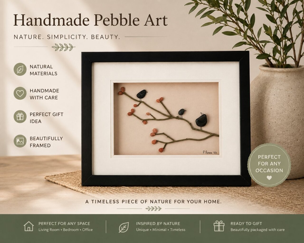 Pebble Art: Black Birds on Branch auction item image