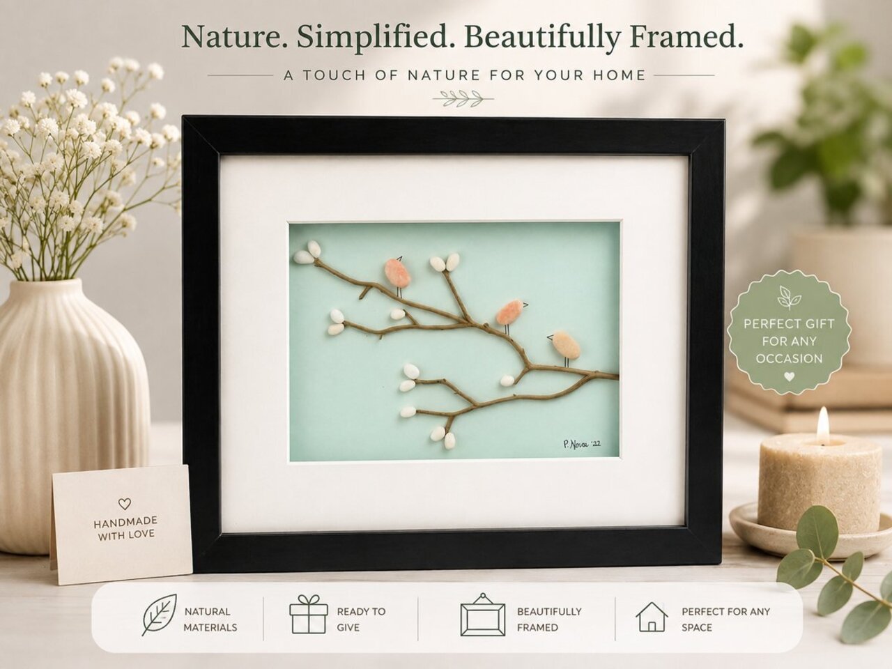 Pebble Art: Pastel Birds on Branch auction item image