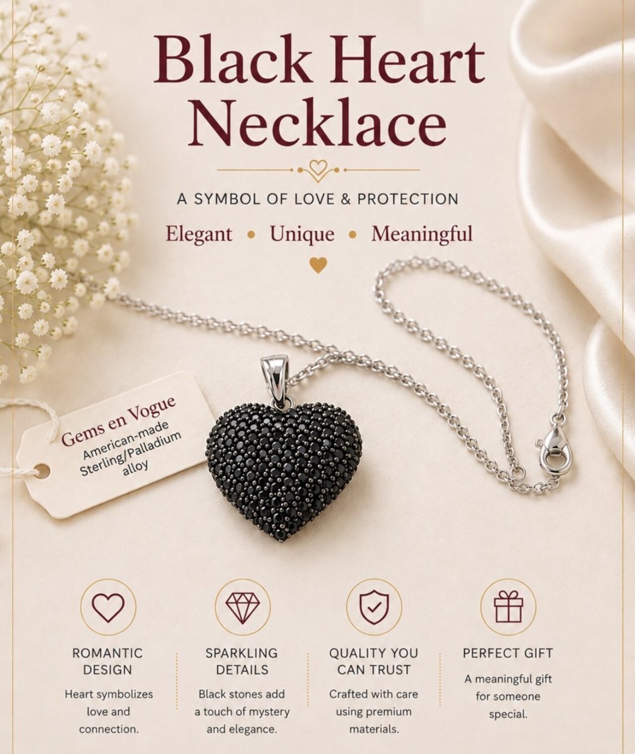 Gems en Vogue Black Heart Necklace auction item image