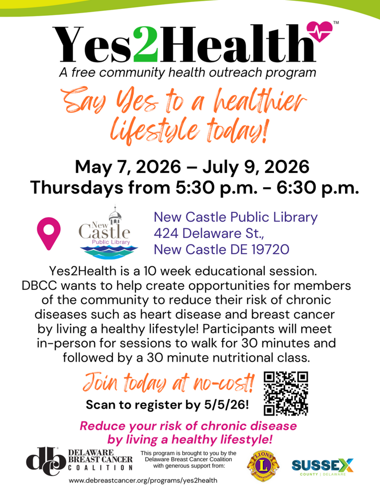 Yes2Health New Castle Public Library Spring '26 logo