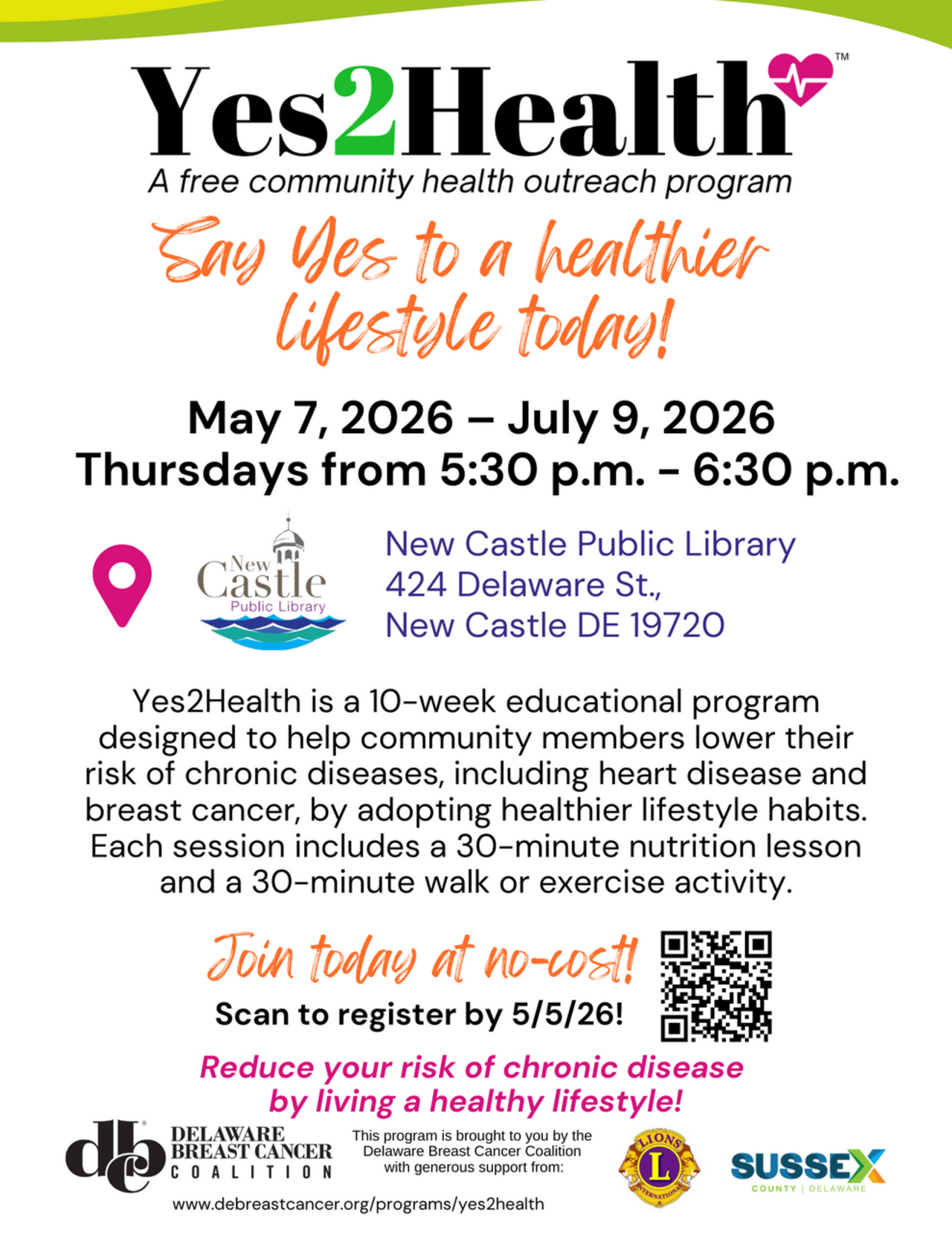 Yes2Health New Castle Public Library Spring '26 logo