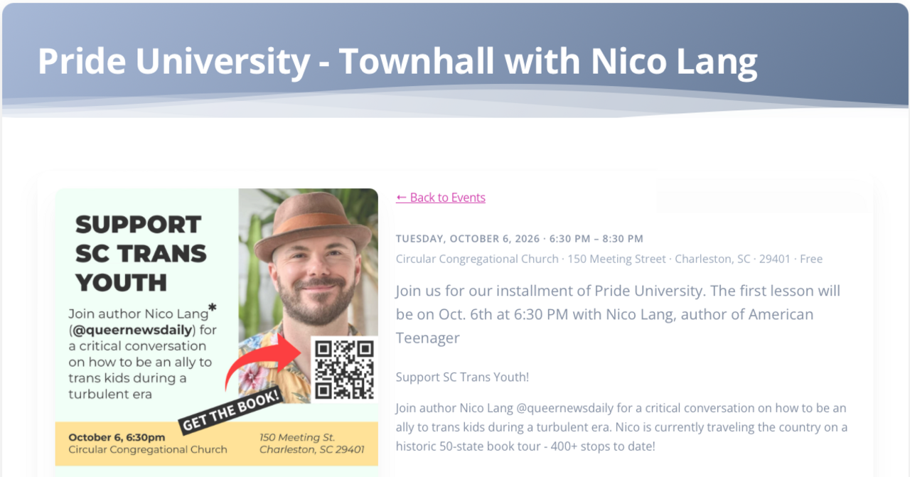 South Carolina Pride University Town Hall with Nico Lang logo