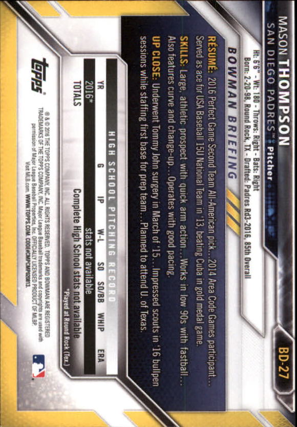 2016 Bowman Draft Baseball Singles #2-100 (Pick Your Cards) - Picture 37 of 157