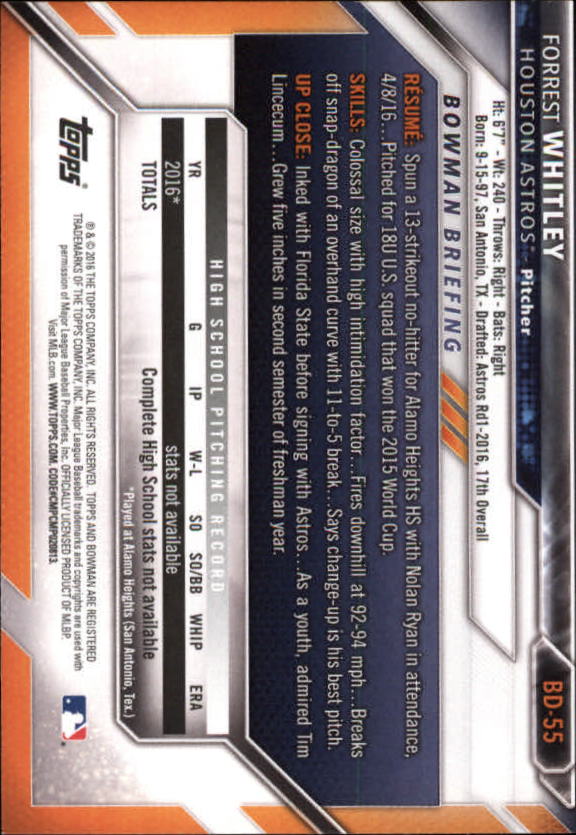 2016 Bowman Draft Baseball Singles #2-100 (Pick Your Cards) - Picture 89 of 157