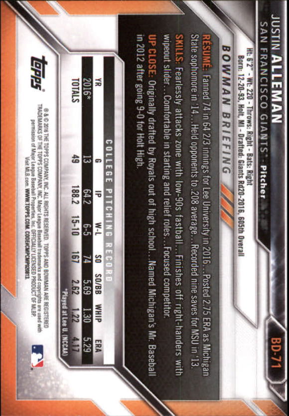 2016 Bowman Draft Baseball Singles #2-100 (Pick Your Cards) - Picture 115 of 157