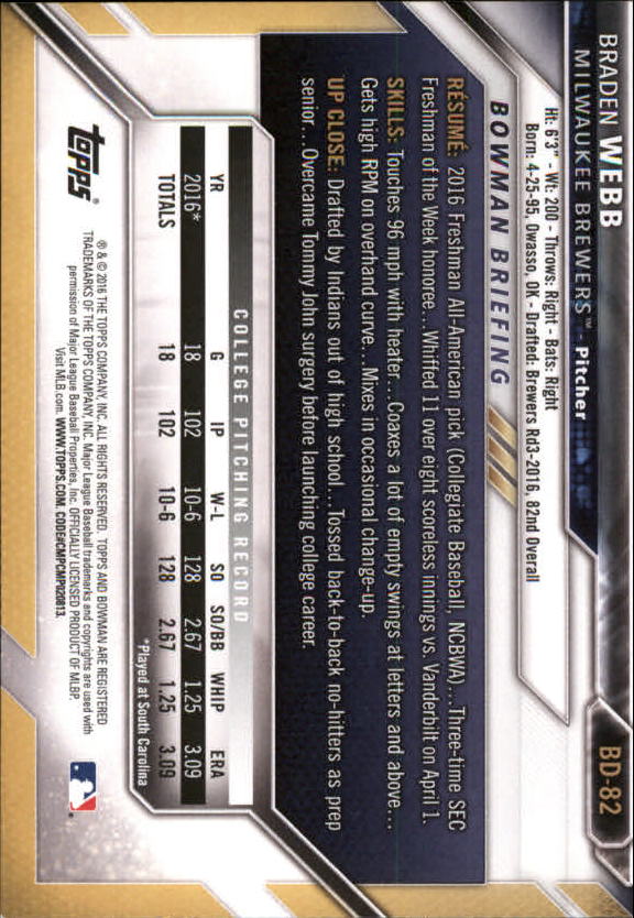 2016 Bowman Draft Baseball Singles #2-100 (Pick Your Cards) - Picture 127 of 157