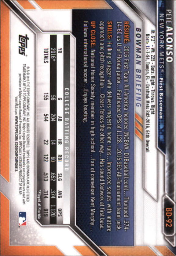 2016 Bowman Draft Baseball Singles #2-100 (Pick Your Cards) - Picture 143 of 157