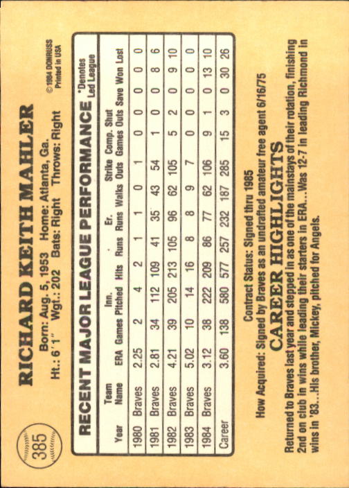 1985 Donruss Baseball Base Singles #256-510 (Pick Your Cards) - Picture 249 of 489