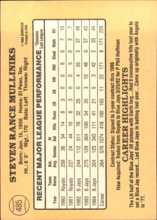 1985 Donruss Baseball Base Singles #256-510 (Pick Your Cards) - Picture 441 of 489