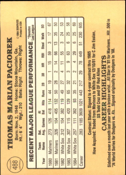 1985 Donruss Baseball Base Singles #256-510 (Pick Your Cards) - Picture 447 of 489