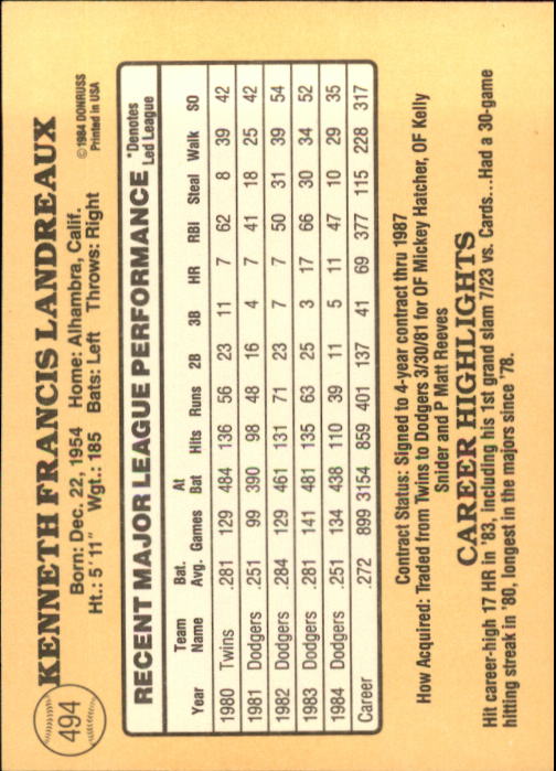 1985 Donruss Baseball Base Singles #256-510 (Pick Your Cards) - Picture 457 of 489