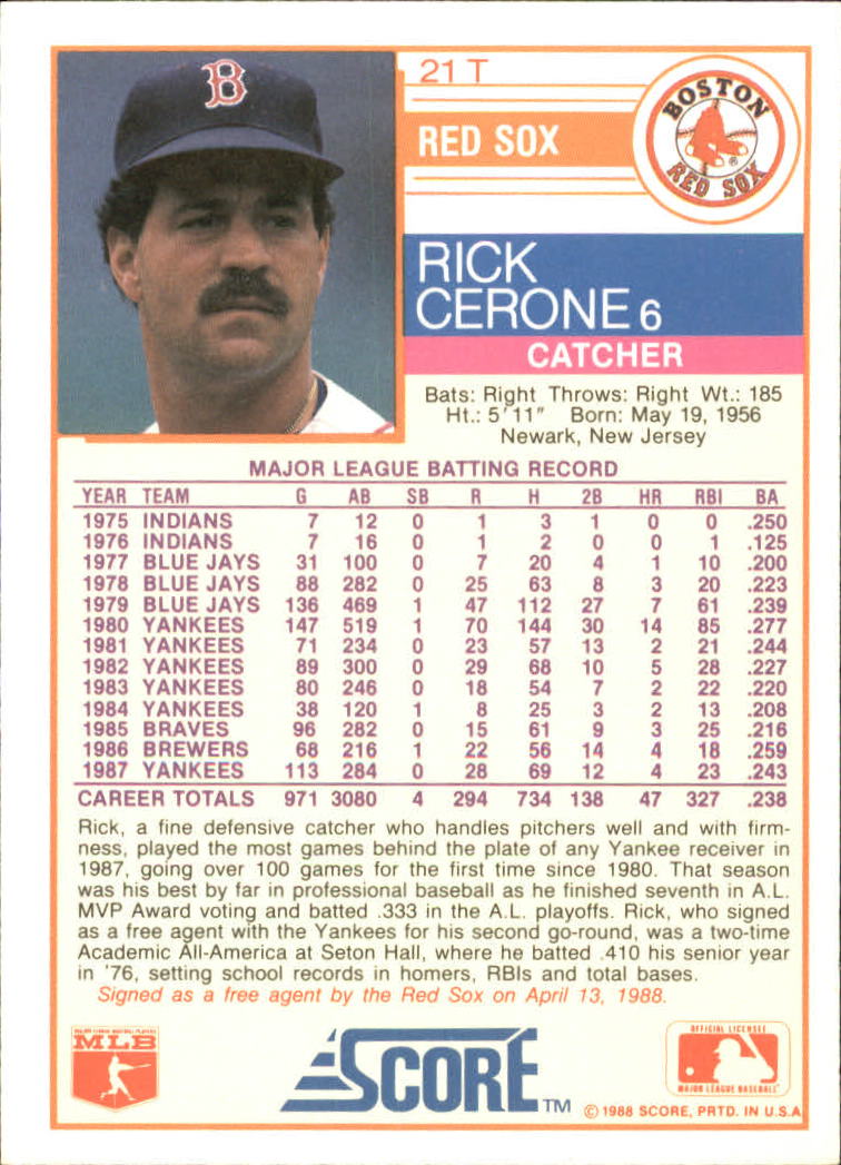 1988 Score Rookie/Traded Baseball Base Singles (Pick Your Cards) - Picture 35 of 187