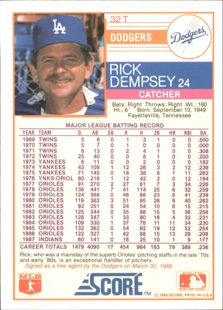 1988 Score Rookie/Traded Baseball Base Singles (Pick Your Cards) - Picture 55 of 187