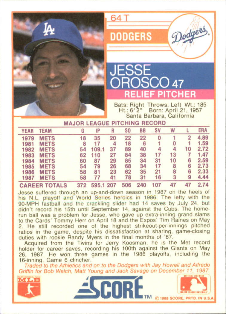 1988 Score Rookie/Traded Baseball Base Singles (Pick Your Cards) - Picture 117 of 187