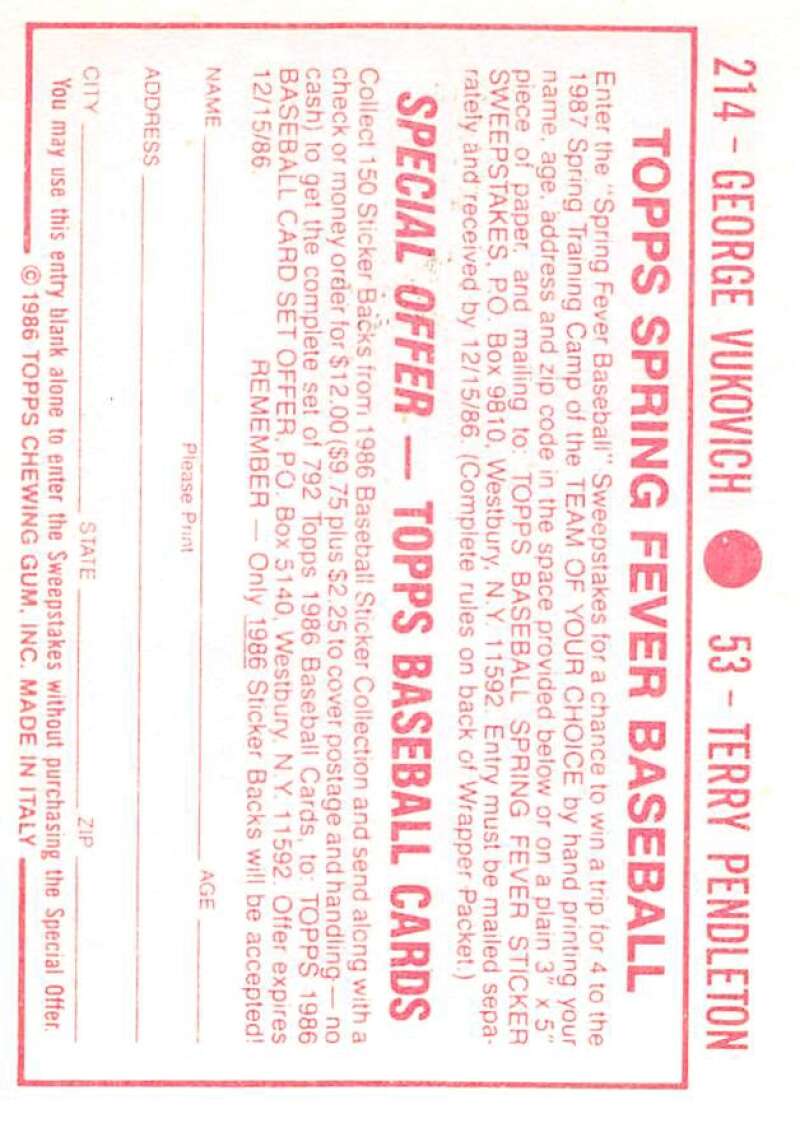 1986 Topps MLB Baseball Album Stickers Pick From List - Picture 106 of 398