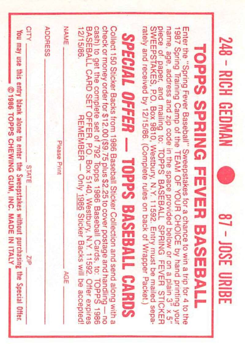 1986 Topps MLB Baseball Album Stickers Pick From List - Picture 174 of 398