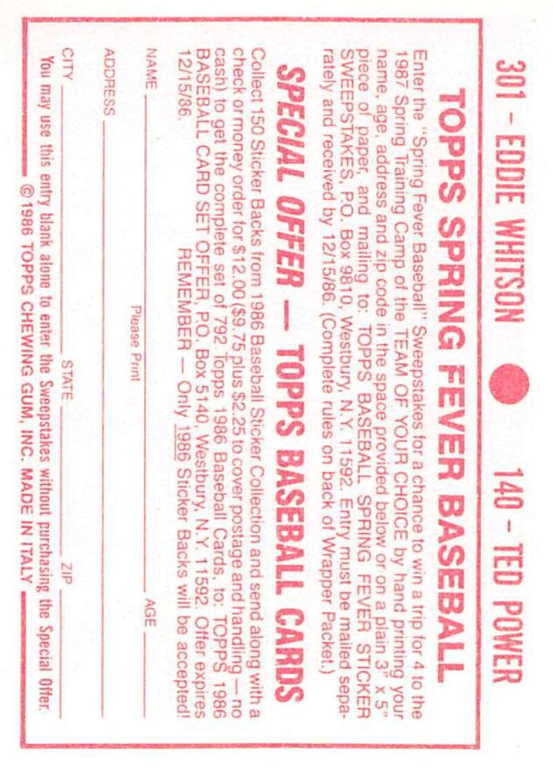 1986 Topps MLB Baseball Album Stickers Pick From List - Picture 280 of 398