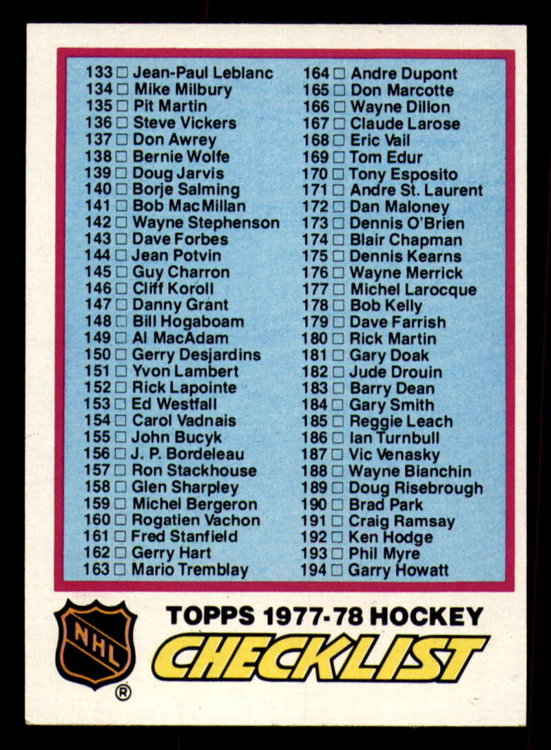 1977-78 Topps Hockey - #221 to #264 - Complete your set - Pick your card - Picture 176 of 291