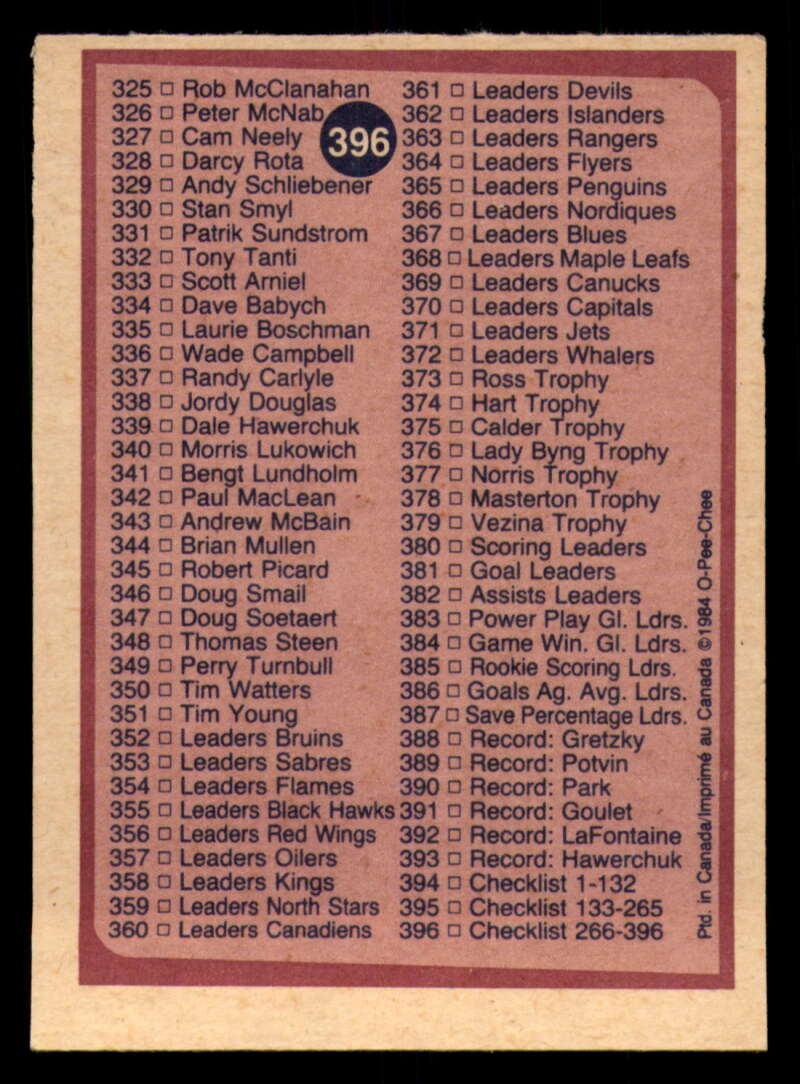 1984-85 O-Pee-Chee Hockey - #331 - #396 - Complete your set - Pick your card - Picture 181 of 181