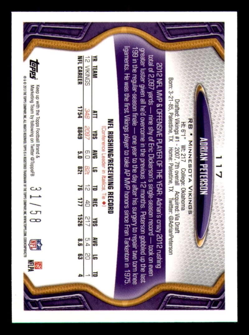 2013 Topps Mini Gold Football #ed/58 - Set Break - Front and Back Scans # 1-220 - Picture 269 of 486