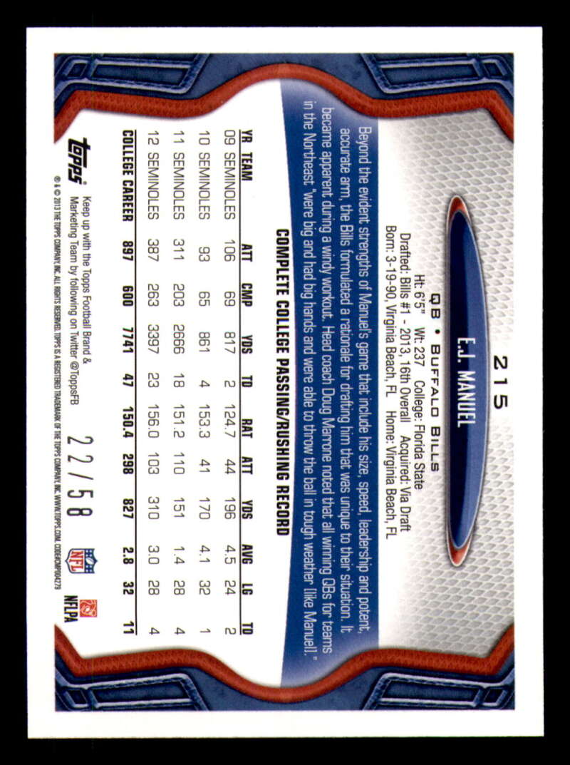 2013 Topps Mini Gold Football #ed/58 - Set Break - Front and Back Scans # 1-220 - Picture 473 of 486