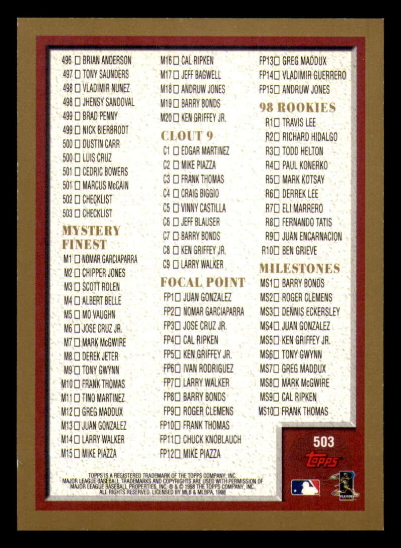 1998 Topps acuñado en paralelo de béisbol Cooperstown * * Set Break * 253-503 - Imagen 436 de 436