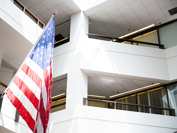 Atrium of the ICC with an American flag