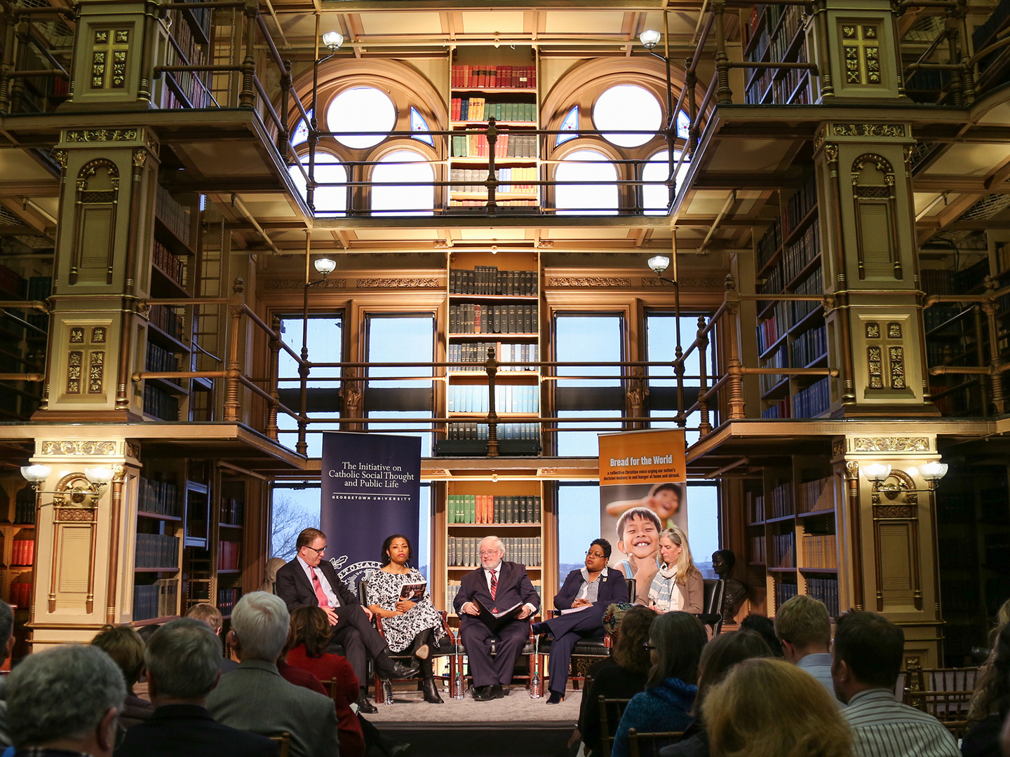 Panelists for the March 25 Public Dialogue on the Dignity of Work in Riggs Library