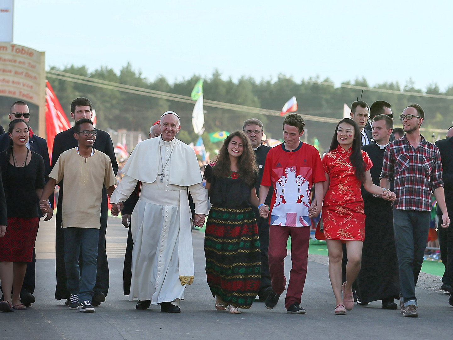 Pope Francis walks with young people in Poland for World Youth Day on 2016