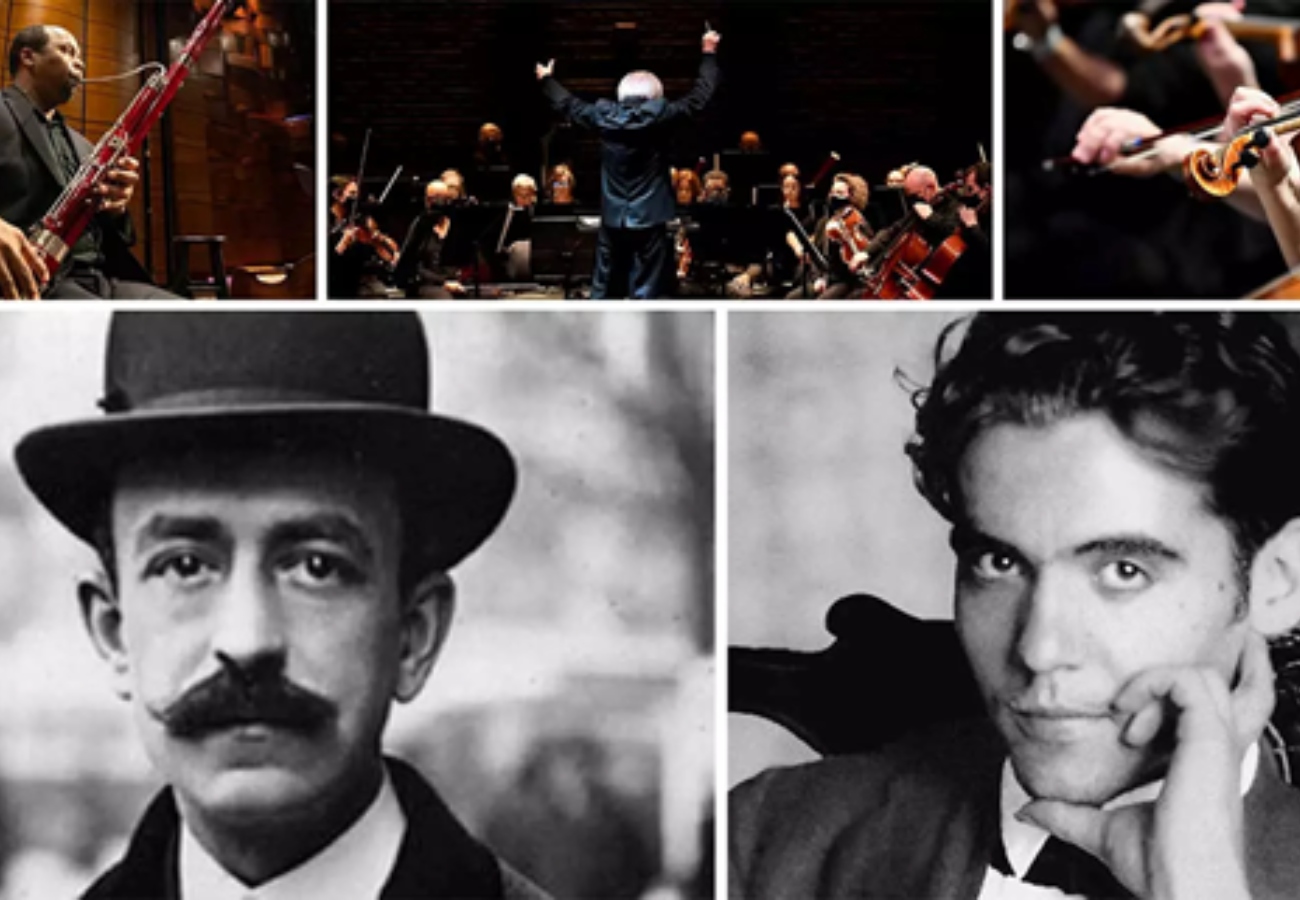 Un collage de imagenes incluyendo conciertos y retratos de Falla y García Lorca