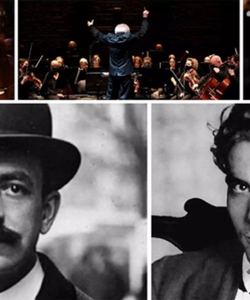 A collage of images including concert performances and portraits of Falla and Garcia Lorca