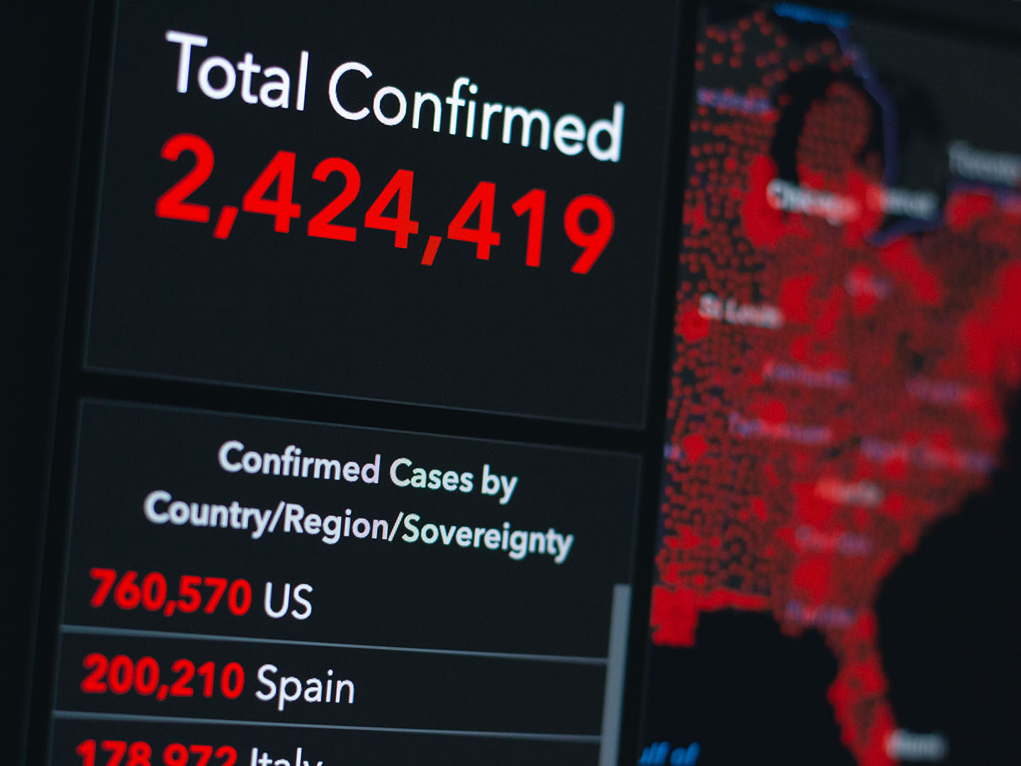 A screen showing the number of COVID-19 cases by country
