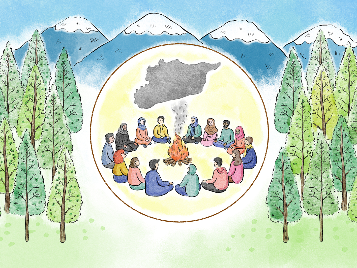 Illustration of people sitting around a campfire in the woods. Illustration courtesy of Adnan Samman.