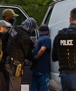 A painter is handcuffed against a white van by four masked Immigration and Customs Enforcement agents