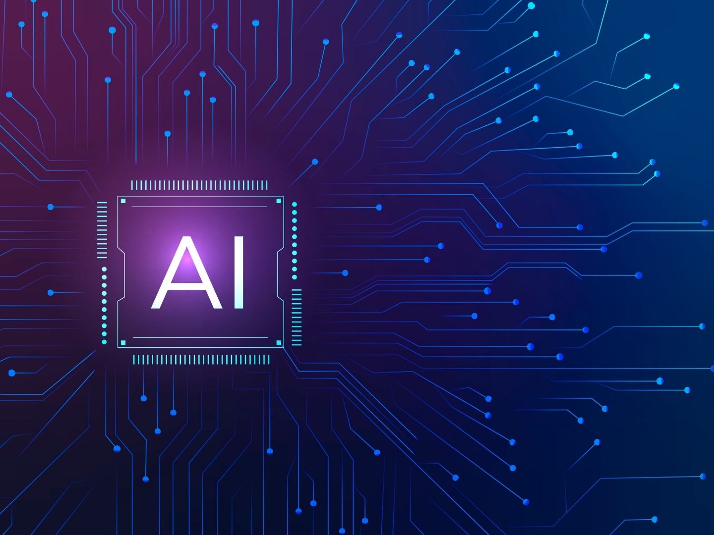 A microchip with AI written in the middle and a purple background.