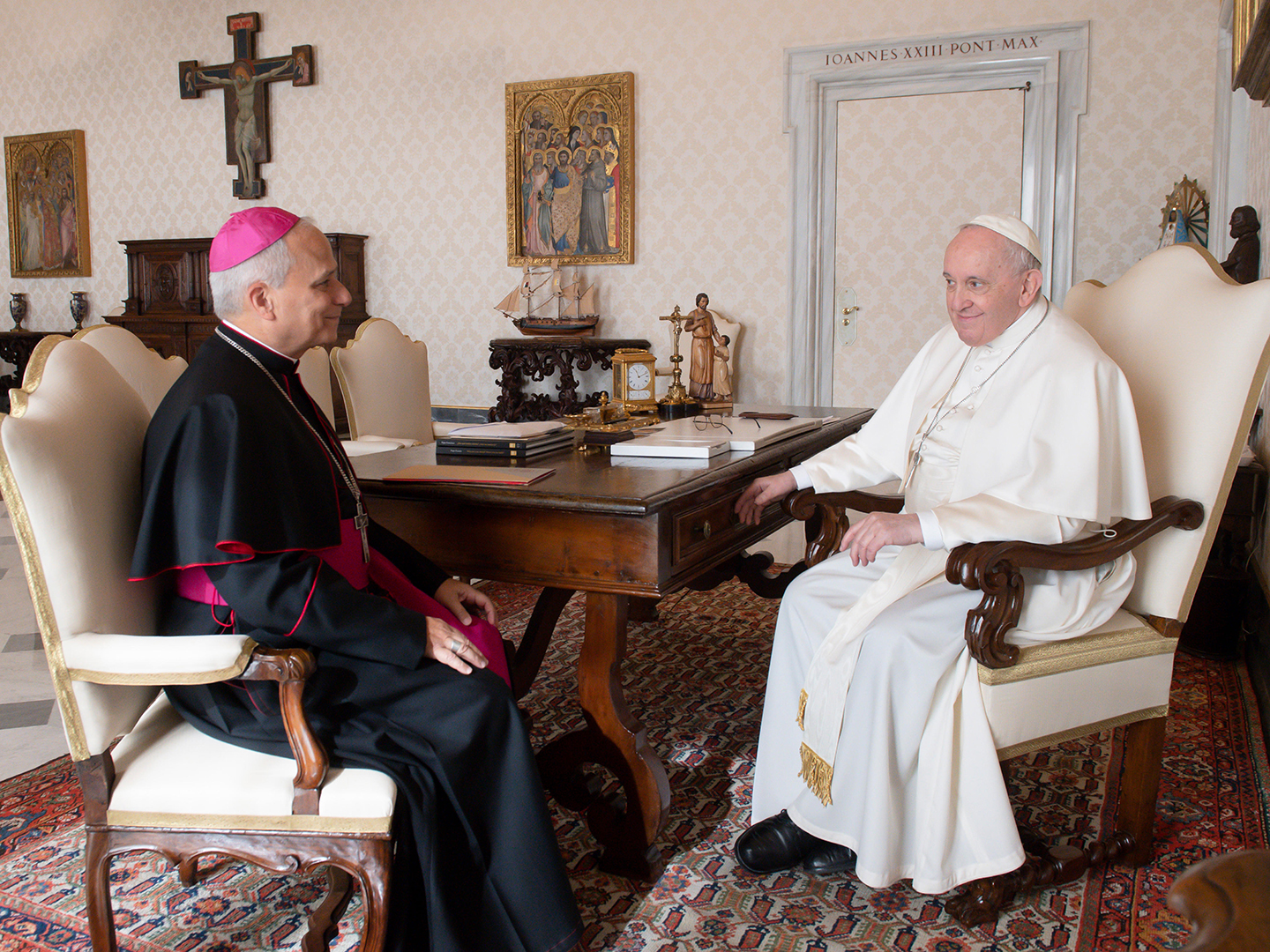 Pope Francis meeting with the then Cardinal Robert Prevost (now Pope Leo XIV) in his office