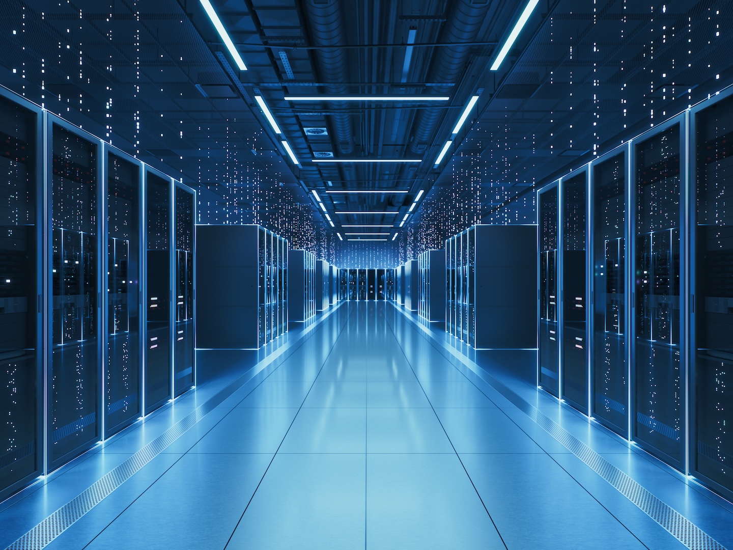 A data center hallway with blue glowing lights