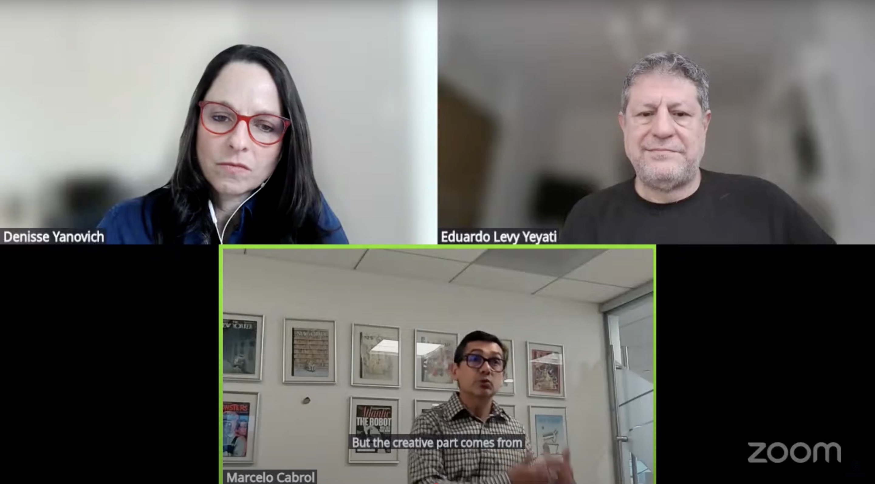 Screenshot from the virtual seminar featuring Denisse Yanovich, Eduardo Levy Yeyati and Marcelo Cabrol