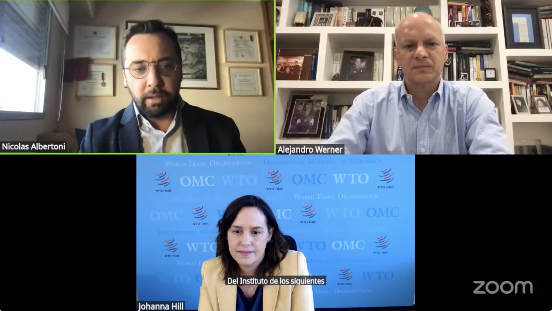 Captura de pantalla del seminario virtual con Johanna Hill, Nicolás Albertoni y Alejandro Werner